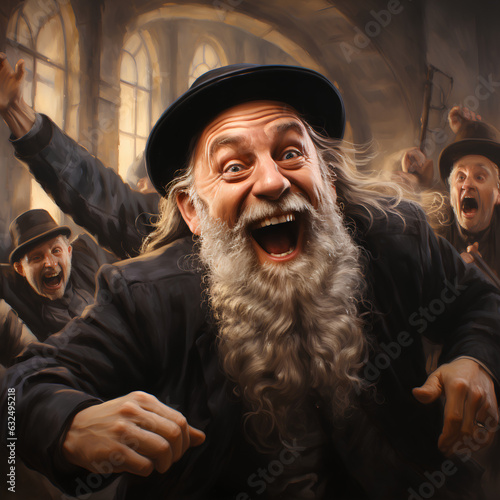 Jewish Hasidim dance in a circle with the Rebbe