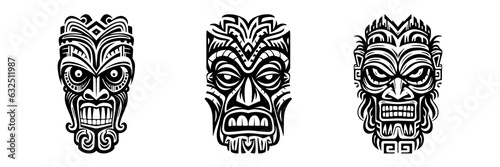 Tiki idols. Tribal polynesian mask, hawaiian wooden totem. Aztec style retro tattoo, African voodoo scary god design. Tribal-tiki exotic face. Vector set