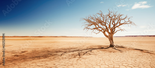 A desolate desert landscape featuring a dead tree standing tall against the barren backdrop, symbolizing the arid conditions.