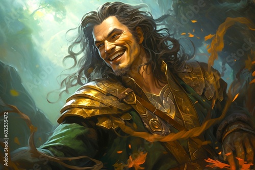 The Prankster's Charm - Mischievous Portrait of Loki, the Cunning Trickster God, with a Sly Smile and Serpent Staff Jormungandr.