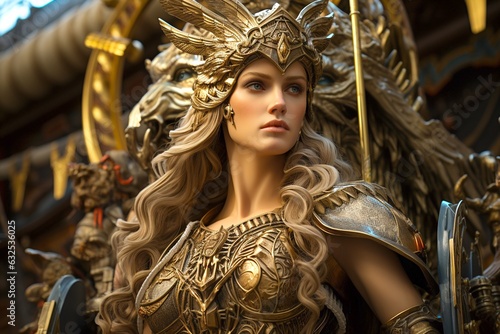 Divine Wisdom and Strategic Might - A Serene Portrait of Athena, Greek Goddess of Wisdom and Warfare, Standing in the Parthenon.