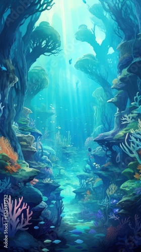 beautiful vertical background with underwater world in an illustrative style, ai tools generated image