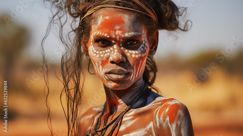 Portrait of young female from the Aboriginal culture in Australia. Woman face adorned with traditional paints against the backdrop of the vast Outback.