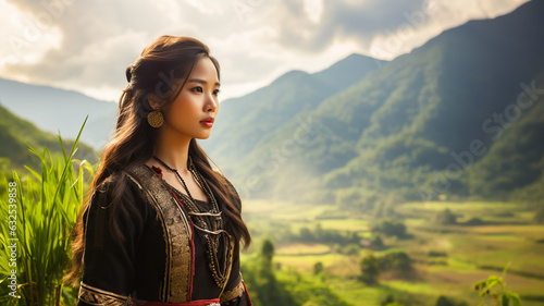 Portrait of woman the Hmong community in Laos. Woman in intricate traditional clothing contrasting with the verdant mountainous landscape.