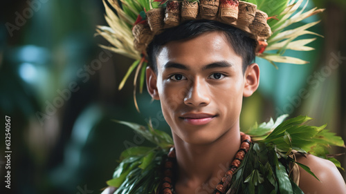 Portrait of a teenage male from the Yap culture in Micronesia. Man in traditional thuwa loincloth made from hibiscus fibers, contrasting with the turquoise lagoon.