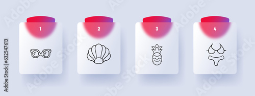 Summer vacation line icon. Shell, fruit, pineapple, souvenir, swimsuit, sunglasses. Glassmorphism style. Vector line icon