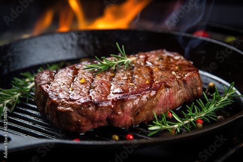 Grilled meat steak with spices and rosemary on pan
