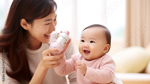 Generative AI : Young hispanic baby or asian infant boy drinking milk from plastic bottle feeding from young parents mother or babysitter with love and bonding Child care from mom holding kid in arm o