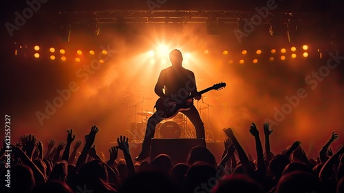 Guitar player performing on stage with crowd in front