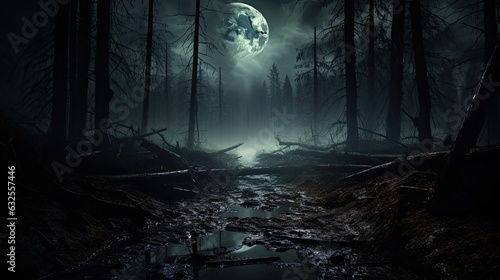 Mysterious forest with a moonlit path fog and a Halloween backdrop hint
