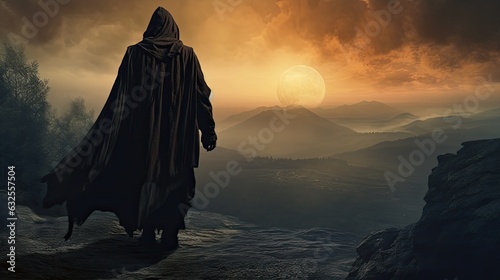 Silhouette of a medieval traveler standing on a mountain wearing a hooded cloak