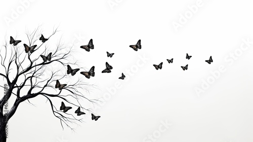Butterflies and leafless tree on white background