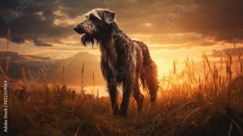 Giant dog silhouette in morning meadow with rising sunset