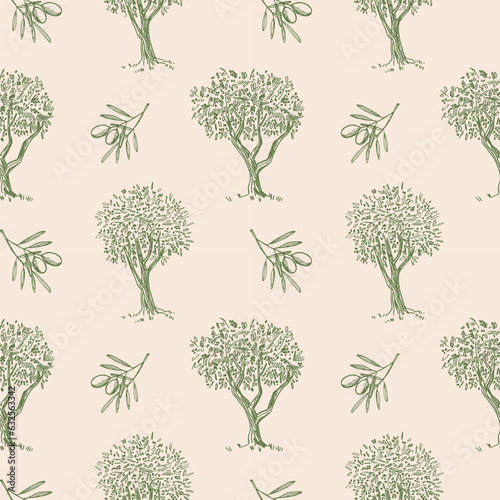 Olive tree and branch with olive fruits seamless pattern. Repeating background vector illustration. Olive oil production, harvest, healthy food. For print, template, label, logo, textile, wallpaper