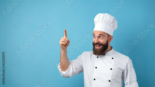 Excited young bearded male chef or cook baker man in apron white t-shirt toque chefs hat isolated on pastel blue wall background studio portrait. Cooking food concept. Pointing index fingers aside up