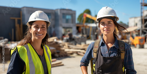 deux jeune femme 30-35 ans sur un chantier de construction BTP avec casque de protection et gilet de signalisation