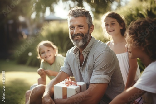 Proud father with gift box and kids on blurry natural background, outdoor