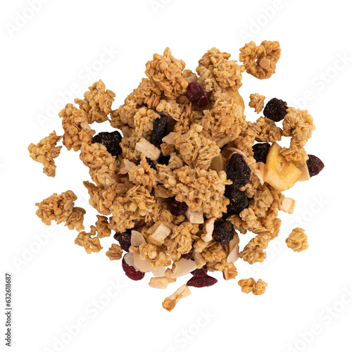 heap crunchy granola isolated on white background with clipping path, muesli pile with nuts, cranberry and raisins close out, healthy eating concept