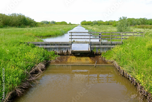 Small water management infrastructure in canals in dutch polder landscape, 