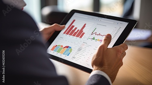 macro shot of a hand holding a tablet, displaying business analytics generative AI