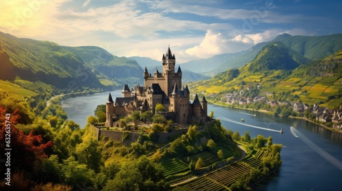 medieval town castles perched on hills overlooking mosel river valley vineyards, cochem germany storybook fairytale charm generative AI