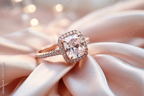 Wedding concept, closeup of beautiful diamond engagement cushion cut ring, commercial style banner.