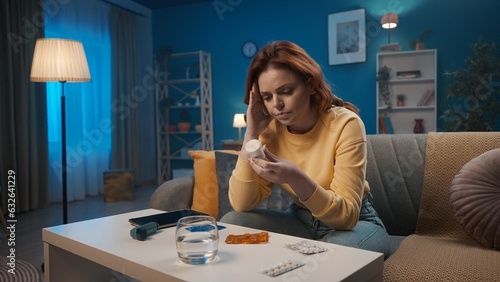 A woman sits on a sofa in the living room with a vial of pills in her hand. A sick woman, holding her head, studies the instructions and dosage for taking medications. Home medicine concept.