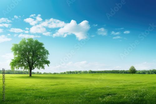 Green meadow and tree on a background of blue sky with clouds