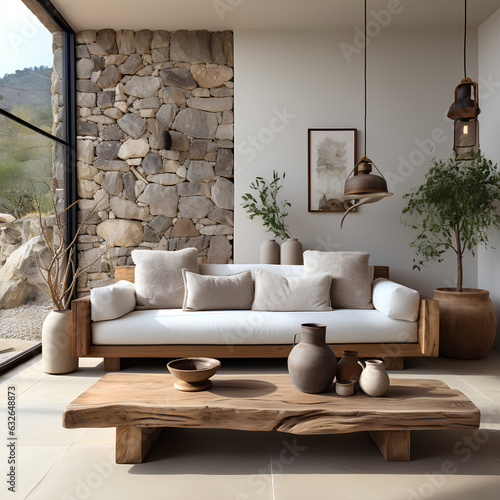 Interior of modern living room with stone wall, white sofa, coffee table and vase, 3d render