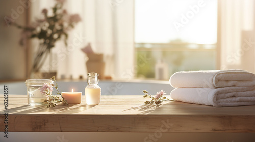 lindo ambiente de tratamento de spa na mesa de madeira e banheiro turva