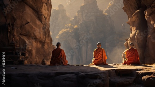 buddhist monks in orange saffron robes meditating praying outdoors rocky cliffs, datong hanging monastery china precipitous height generative AI