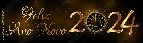cartão ou banner para desejar um feliz 2024 em ouro com o 0 representado por um relógio e glitter dourado ao redor em um fundo gradiente marrom a preto