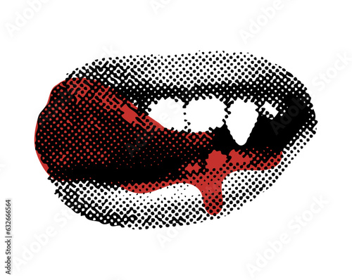 Female vampire lips with dripping blood Halloween halftone collage. Licking mouth of monster with fangs. Mixed media design. Vector illustration isolated on transparent background