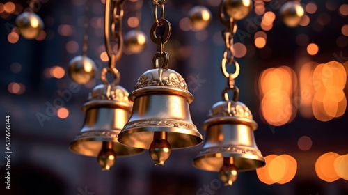 Golden bells with bokeh background, christmas and new year concept. Jingle bells isolated on a christmas background with a copy space. Christmas bells. Happy New Year. 