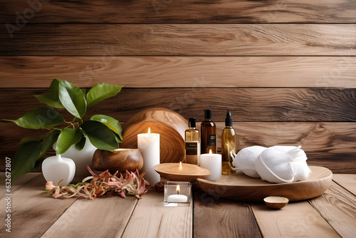 Beautiful spa composition on wooden background. Natural skincare cosmetic products