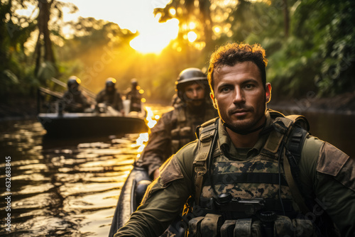 Brazilian army in a river patrol in the Amazon photo with empty space for text 