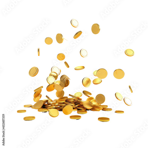3d rendering of gold coins falling on white.