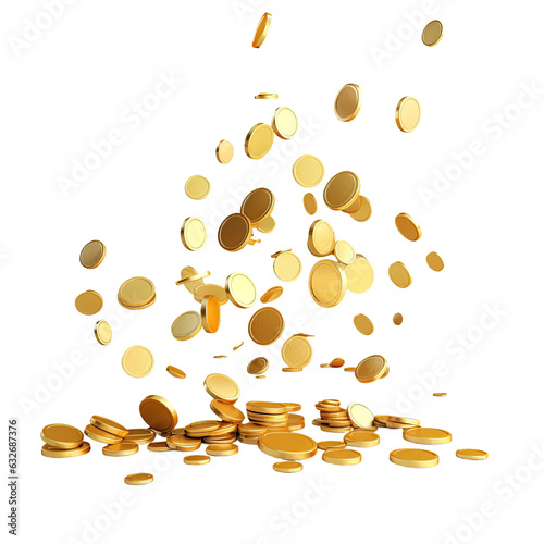 3d rendering of gold coins falling on white.