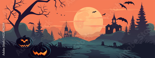 Halloween pumpkins, bats, graveyard and scary buildings against the backdrop of a big orange moon. Festive flyer, poster or banner.