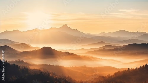 Mountain range with visible silhouettes through the morning colorful fog. Hazy mountain sunset. Panoramic view. Illustration for banner, poster, cover, brochure or presentation.