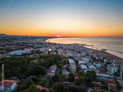 Italy, August 2023 - aerial view of Gabicce Mare and the Romagna coast with Cattolica, Misano, Riccione and Rimini