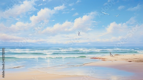 An oil painting of a serene seascape, with calm waters, a sandy beach, and seagulls soaring overhead, capturing the peacefulness of the ocean. Wallpaper texture. Backgrounds. Generative AI. 