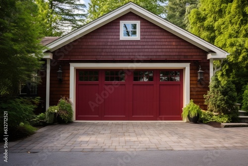 Red garage door with a driveway in front.