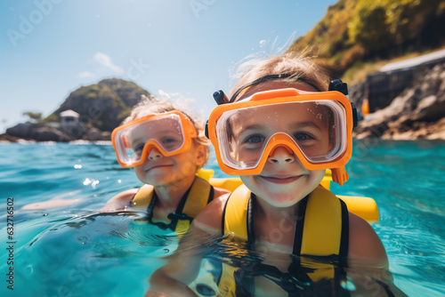 Two happy children in snorkeling masks swimming in the sea. Generative AI