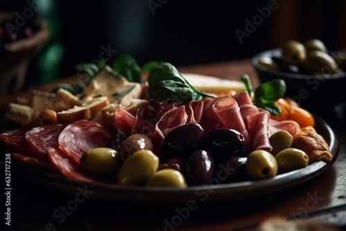 A platter of antipasti with cured meats, olives, and cheese, Food, bokeh 
