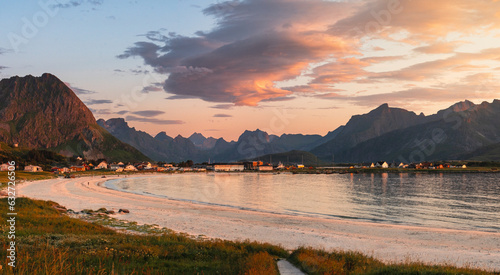 Sunset over a beach in Lofoten, in the summer