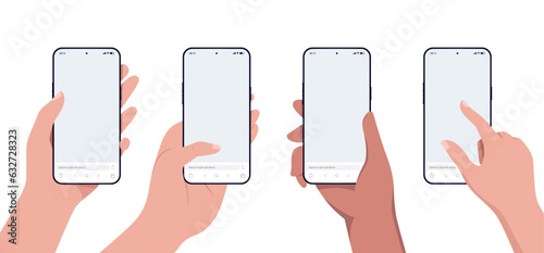 Phone in hand mockup collection - Vector template with hands holding smartphones and using touchscreen. Flat design on white background