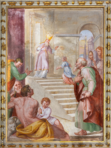 GENOVA, ITALY - MARCH 6, 2023: The fresco of Presentation of Virgin Mary in the Temple in church Chiesa di Santa Caterina by Andrea Semino (1526 - 1594).