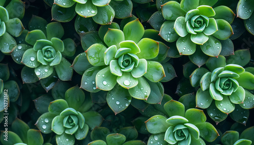 Close up of a green plant, succulent with water drops, background, created using generative AI tools