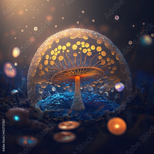 Ai generated magic mushroom, glowing spores fungi